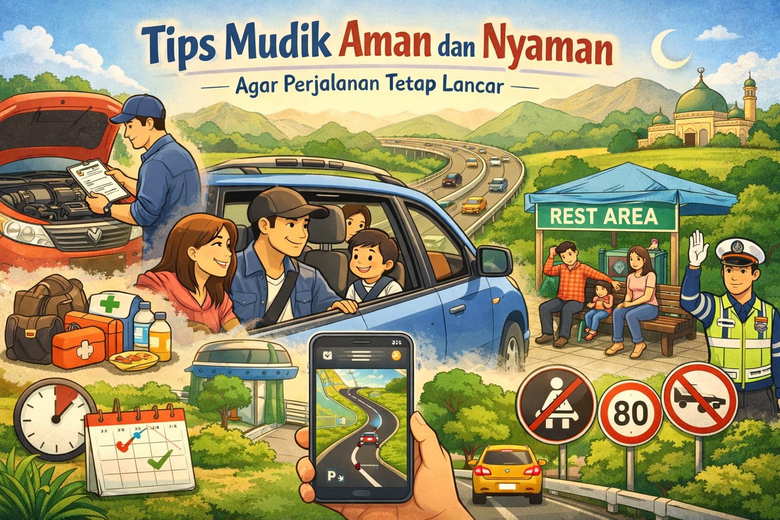 Tips mudik aman dan nyaman. Mudik aman, perjalanan nyaman. Persiapan mudik agar perjalanan lancar. Utamakan keselamatan saat mudik. Mudik tenang sampai tujuan.